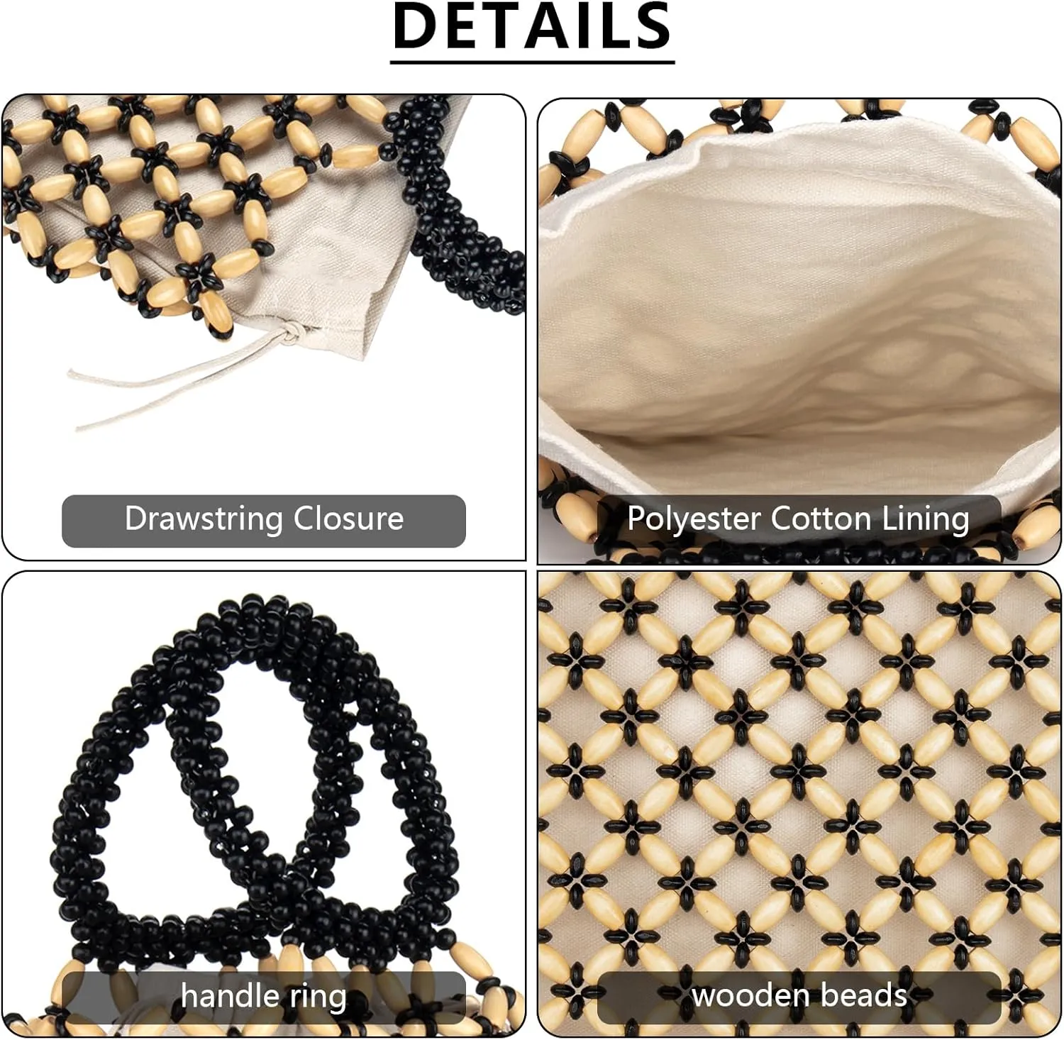 YYW Unique Handmade Wooden Bead Tote Bag for Women, Small Handwoven Clutch Purses Woven Bucket Handbag and Drawstring Handbag