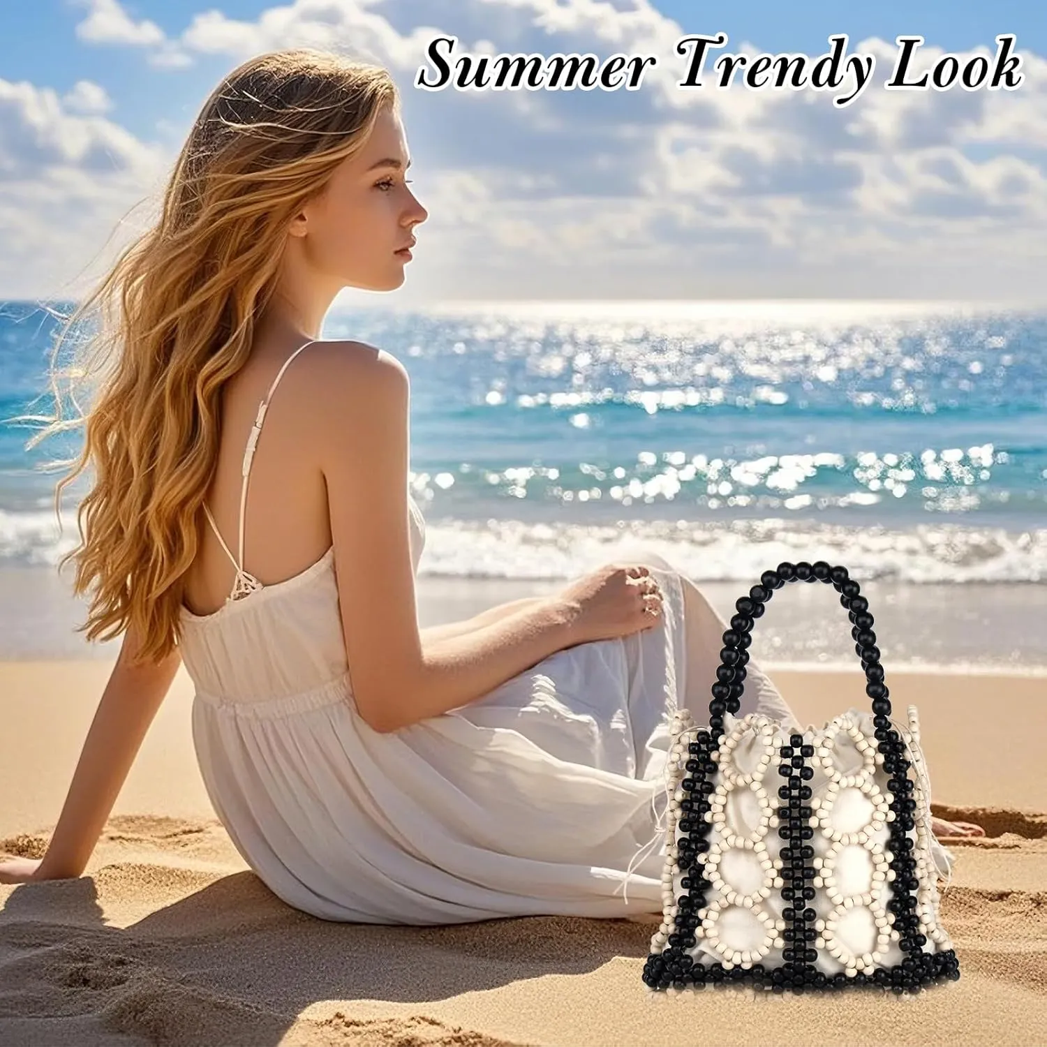 YYW Unique Handmade Wooden Bead Tote Bag for Women, Small Handwoven Clutch Purses Woven Bucket Handbag and Drawstring Handbag