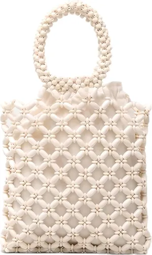 YYW Unique Handmade Wooden Bead Tote Bag for Women, Small Handwoven Clutch Purses Woven Bucket Handbag and Drawstring Handbag