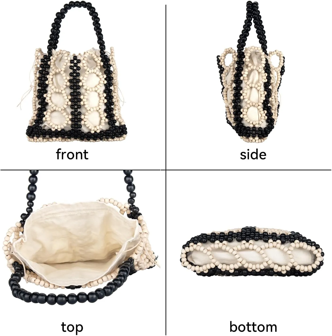 YYW Unique Handmade Wooden Bead Tote Bag for Women, Small Handwoven Clutch Purses Woven Bucket Handbag and Drawstring Handbag