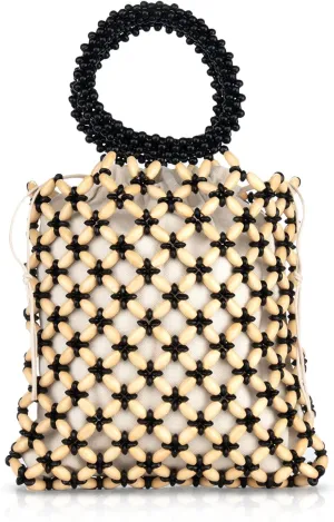 YYW Unique Handmade Wooden Bead Tote Bag for Women, Small Handwoven Clutch Purses Woven Bucket Handbag and Drawstring Handbag