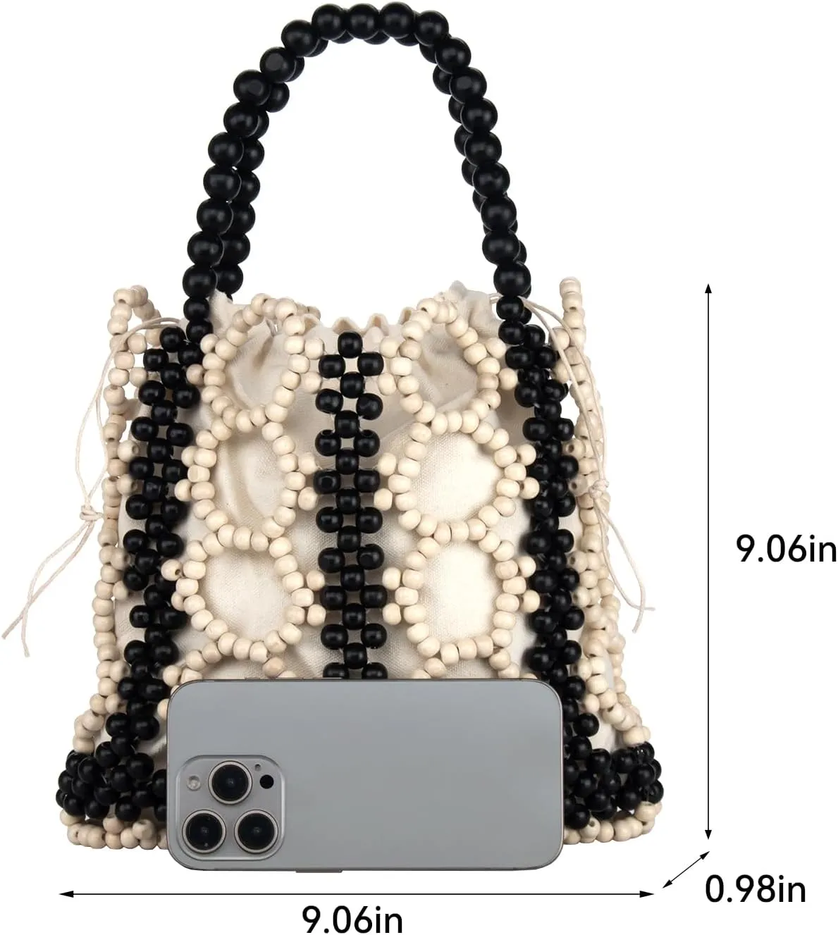 YYW Unique Handmade Wooden Bead Tote Bag for Women, Small Handwoven Clutch Purses Woven Bucket Handbag and Drawstring Handbag