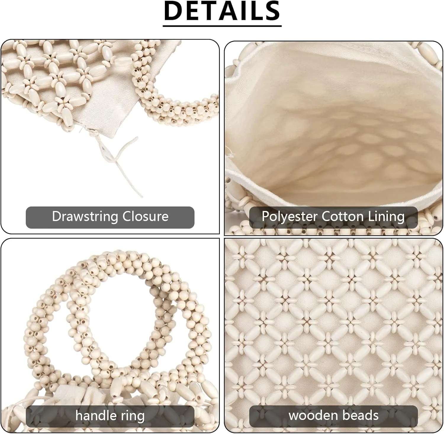 YYW Unique Handmade Wooden Bead Tote Bag for Women, Small Handwoven Clutch Purses Woven Bucket Handbag and Drawstring Handbag