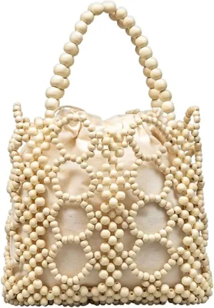 YYW Unique Handmade Wooden Bead Tote Bag for Women, Small Handwoven Clutch Purses Woven Bucket Handbag and Drawstring Handbag
