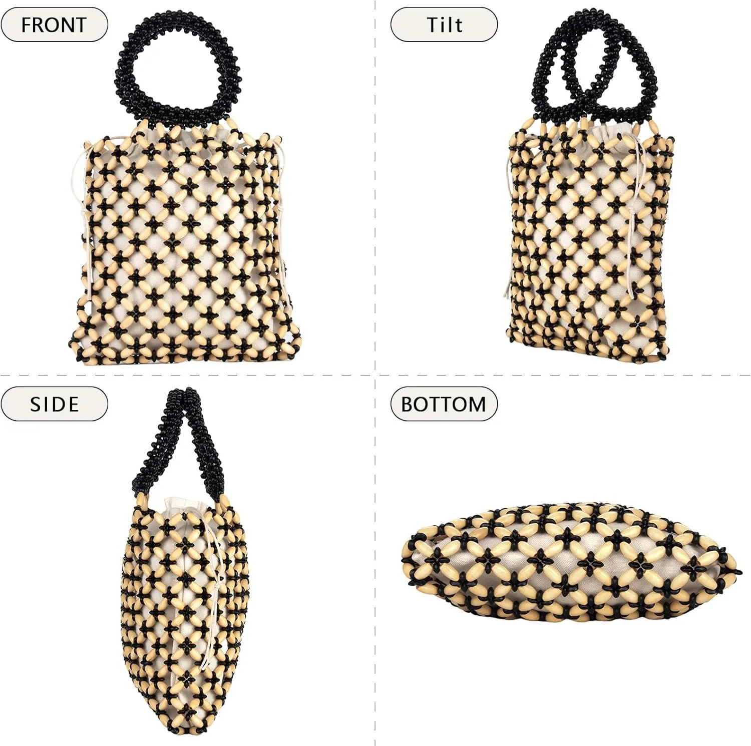 YYW Unique Handmade Wooden Bead Tote Bag for Women, Small Handwoven Clutch Purses Woven Bucket Handbag and Drawstring Handbag