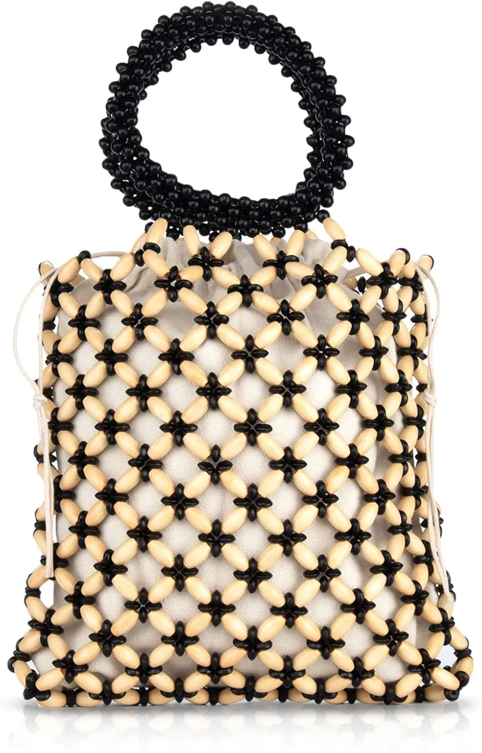 YYW Unique Handmade Wooden Bead Tote Bag for Women, Small Handwoven Clutch Purses Woven Bucket Handbag and Drawstring Handbag