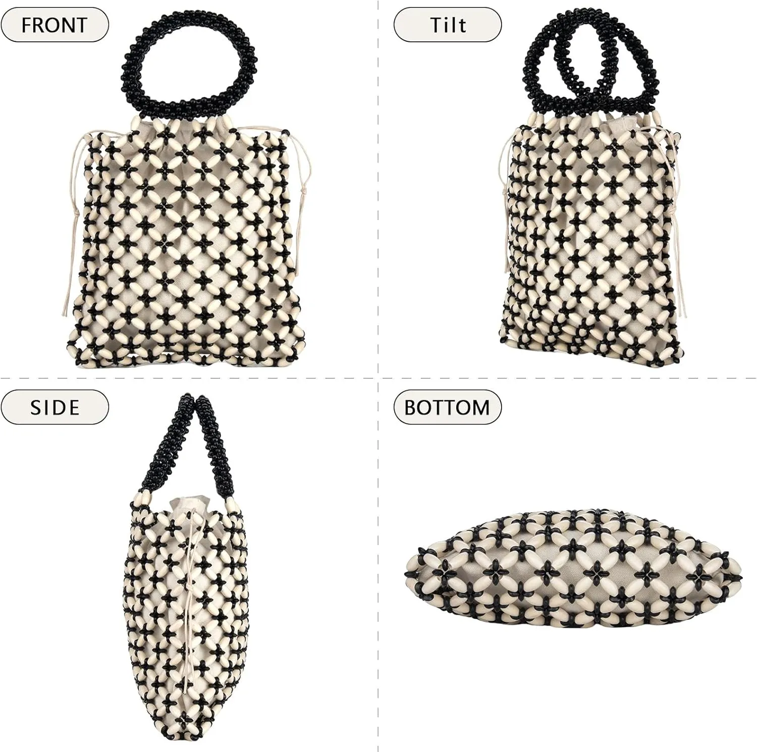 YYW Unique Handmade Wooden Bead Tote Bag for Women, Small Handwoven Clutch Purses Woven Bucket Handbag and Drawstring Handbag